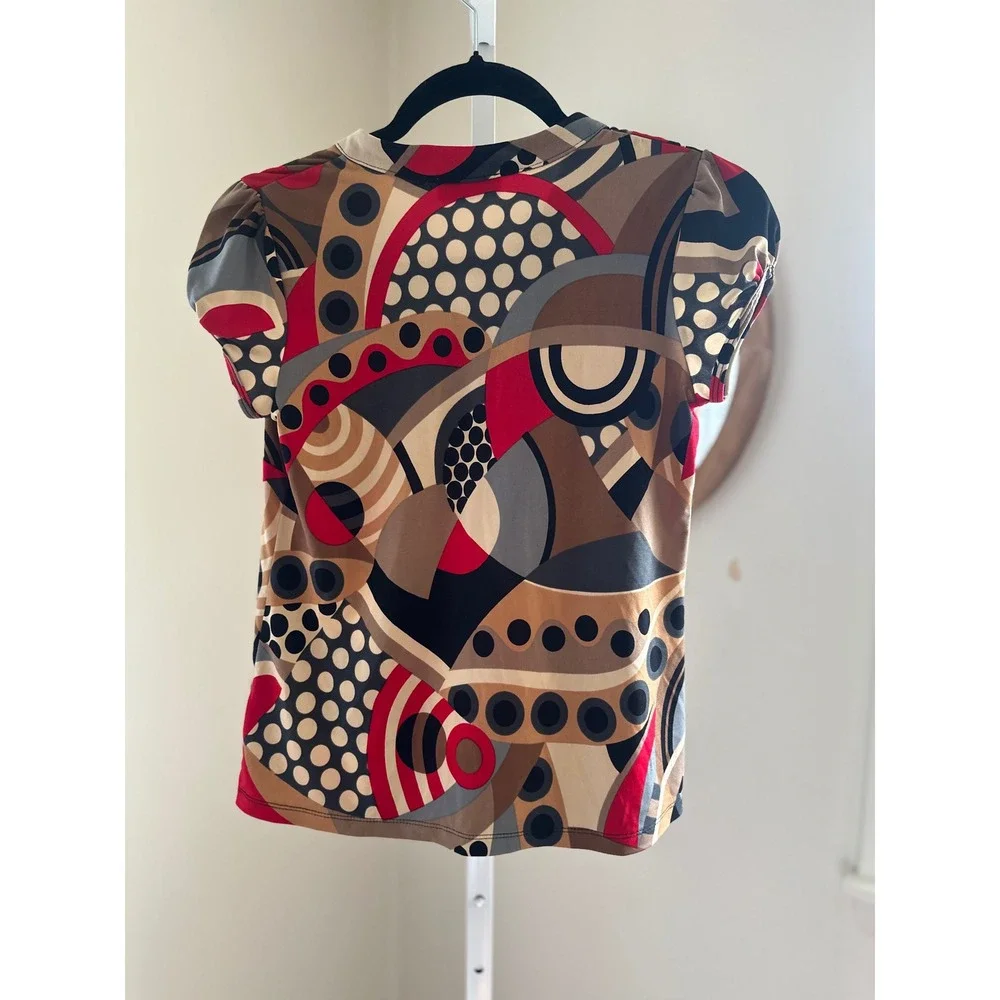 Byer Girl Women XL Red Brown Geometric Polka Dot Ruffle V-Neck Y2K, Retro